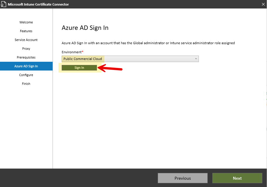 Sign in to the Cloud for connecting with Intune registration of certificate connector