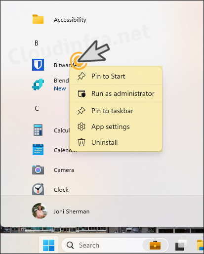 Context Menu in start menu Windows 11