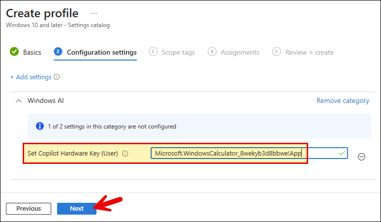 Set Copilot Hardware Key (User) provide App ID.