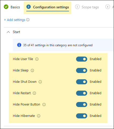 hide all Power options Intune