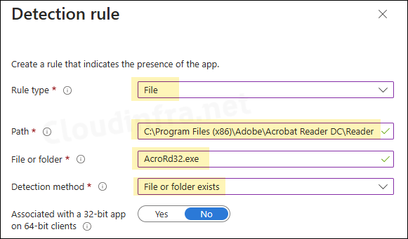 Detection rule of Adobe Acrobat Reader DC app Intune