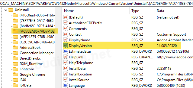 Adobe Acrobat Reader Version Number in Registry