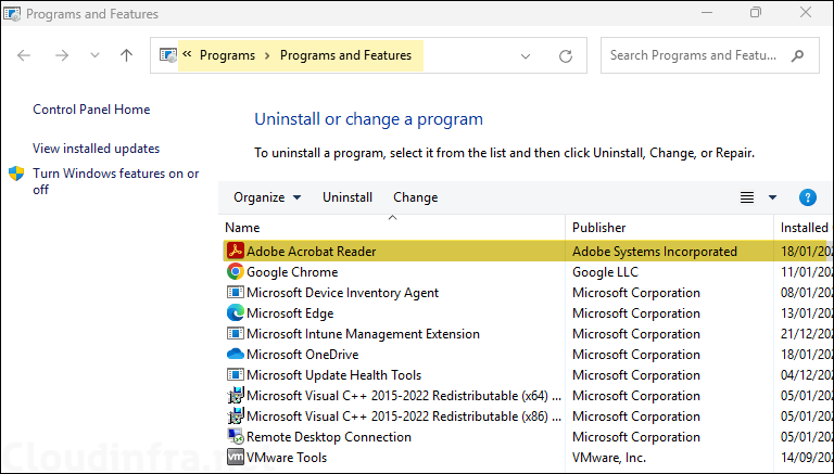 Adobe Acrobat Reader App installed in Programs and features