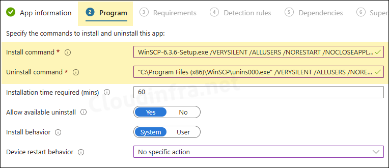 Program Tab WinSCP Win32 app deployment Intune