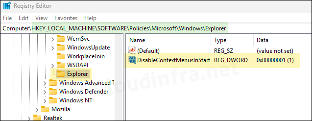 DisableContextMenusInStart registry entry