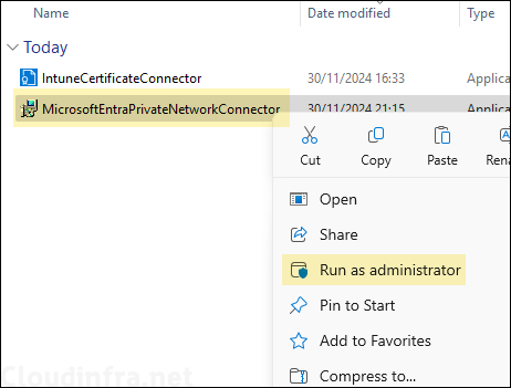 Right click on Entra private network connector setup and run as admin