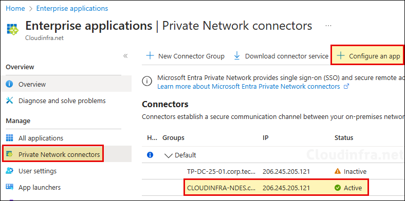 Click Configure an app under Private network connectors