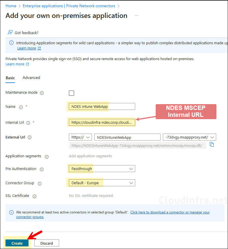 Add On-prem NDES Server Web App URL