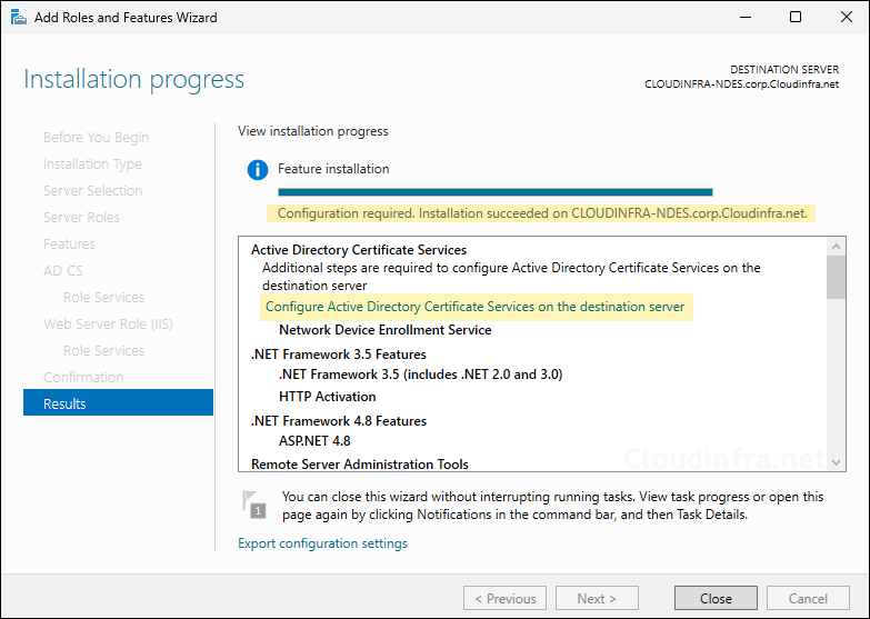 NDES role installed successfully