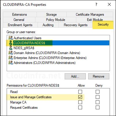 Provide Intune connector server Issue and Manage Certificates permission.