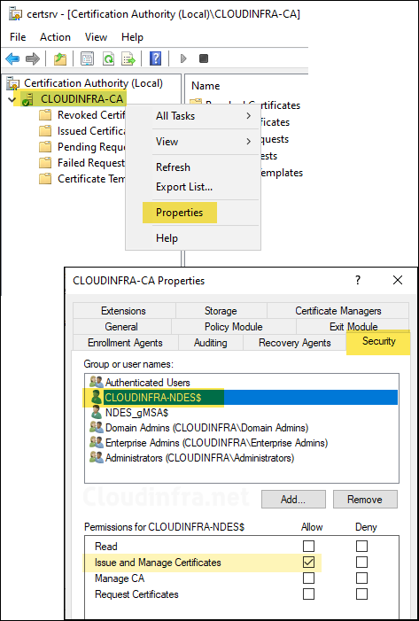 provide Issue and Manage certificates to NDES computer account