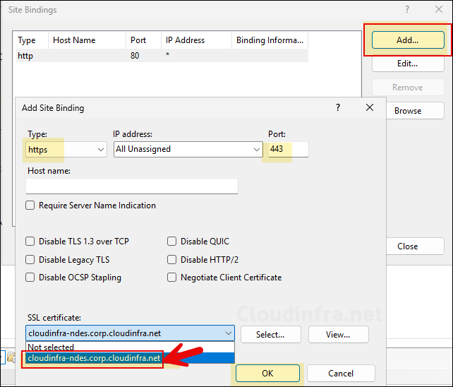 Use the drop down to select SSL certificate