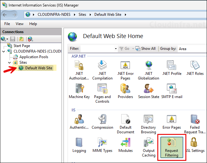 Click on Request Filtering under default site
