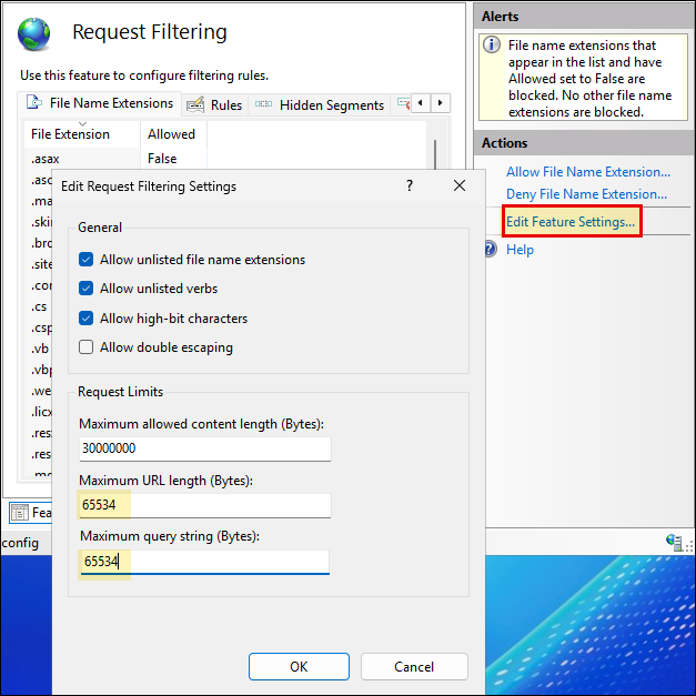 Update Maximum URL length (Bytes)  and Maximum query string (Bytes) values