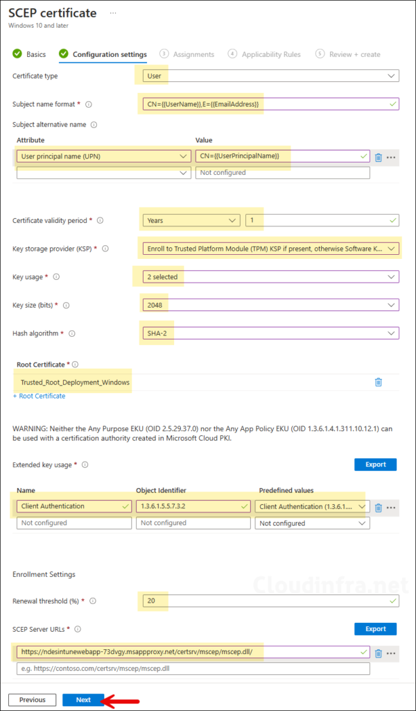 SCEP Certificate Profile configuration