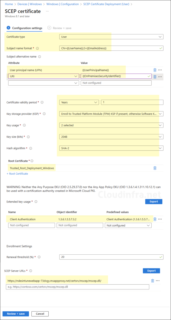 SCEP Certificate Confiuration settings