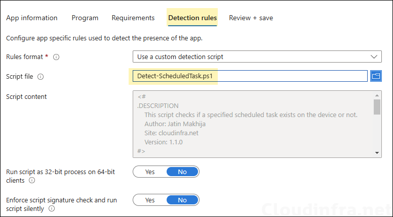 Provide detection script for detecting scheduled task