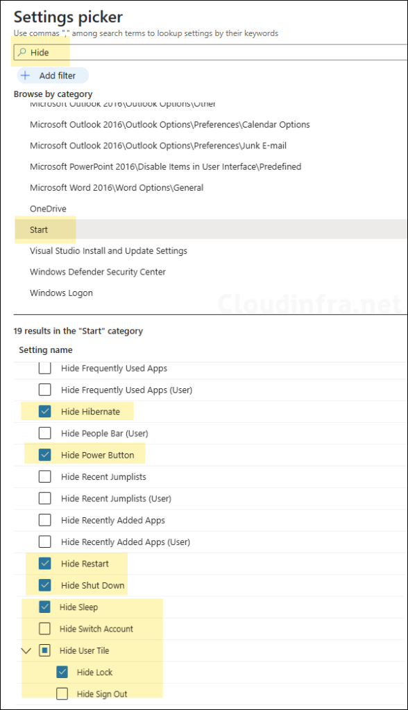 Power options in Start menu Intune configuration