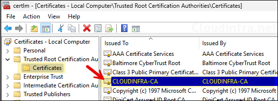 verify Trusted Root Certification Authorities certificate store to confirm if deployment is completed successfully.