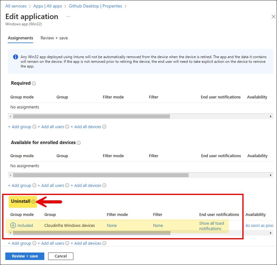 Uninstall section of Win32 App deployment