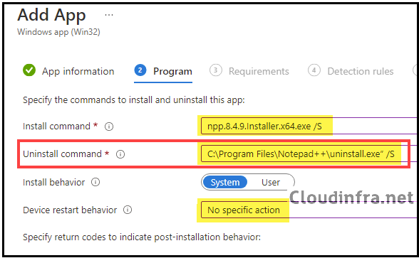 Example of Uninstall Command Win32 app deployment