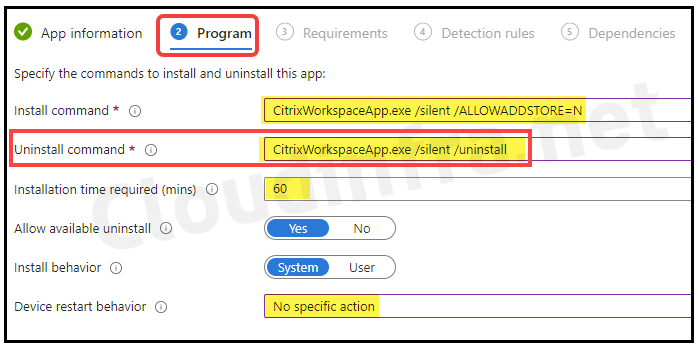 Example of Uninstall Command Win32 app deployment