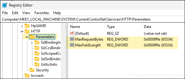 Update MaxFieldLength and MaxRequestBytes values in registry