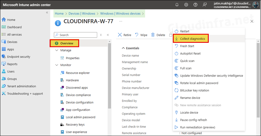 Collect diagnostics Intune Logs of Windows Device