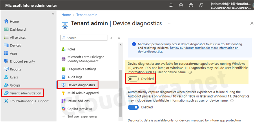 Disable Collect diagnostics Remote Action