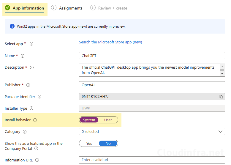 App Information tab ChatGPT app deployment Intune