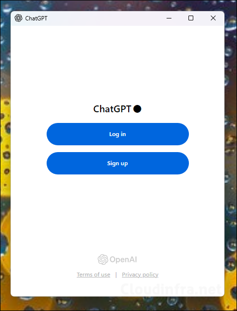 ChatGPT app Log in screen