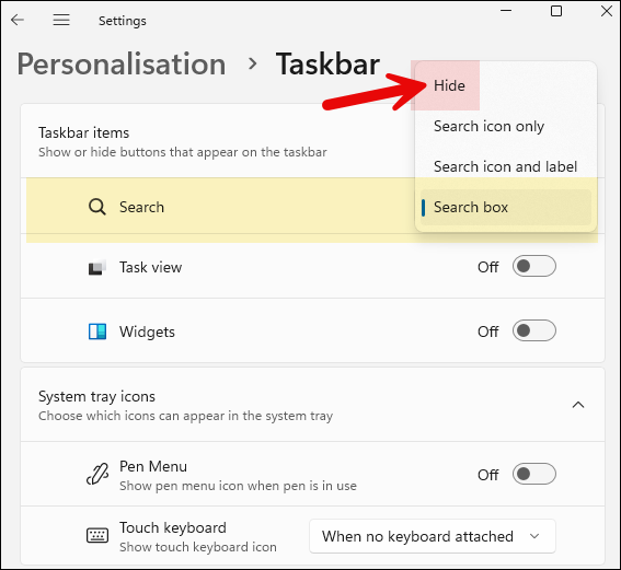 Hide Search box from taskbar of Windows 11 manually