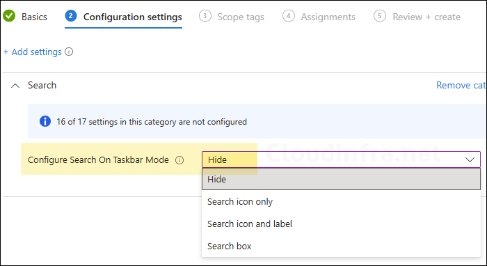 Configure Search on Taskbar mode policy select Hide