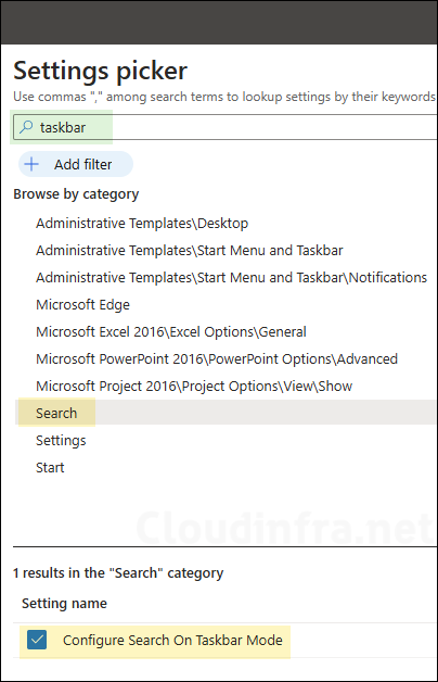 Configure Search on Taskbar mode Intune Policy