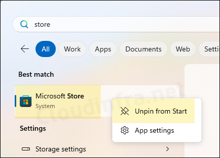 Microsoft Store App Unpin from start