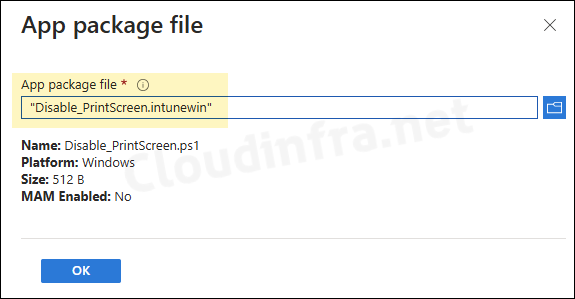 Upload Disable_PrintScreen.Intunewin file on Intune admin center