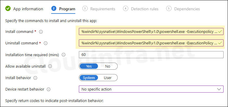 Install and Uninstall commands for running the script for disabling Print screen key via Intune