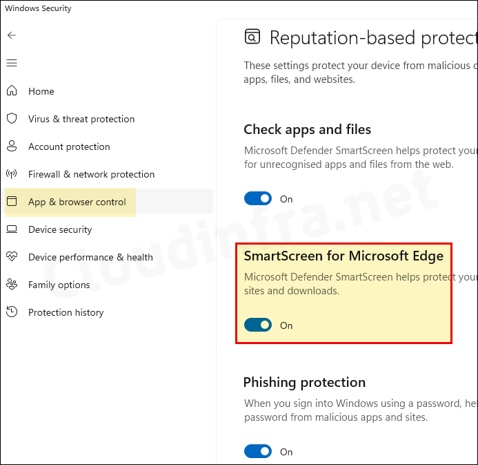 SmartScreen for Microsoft Edge setting 