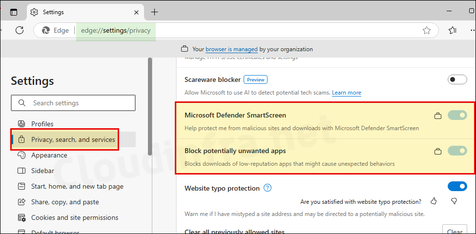 Microsoft Defender SmartScreen and Block Potentially unwanted apps setting in Edge enabled and greyed out