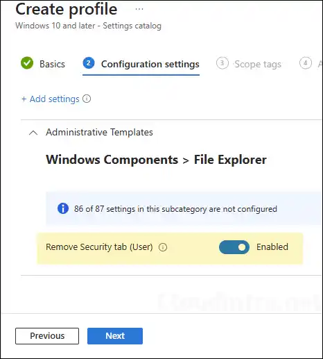 Remove Security tab (user) intune policy