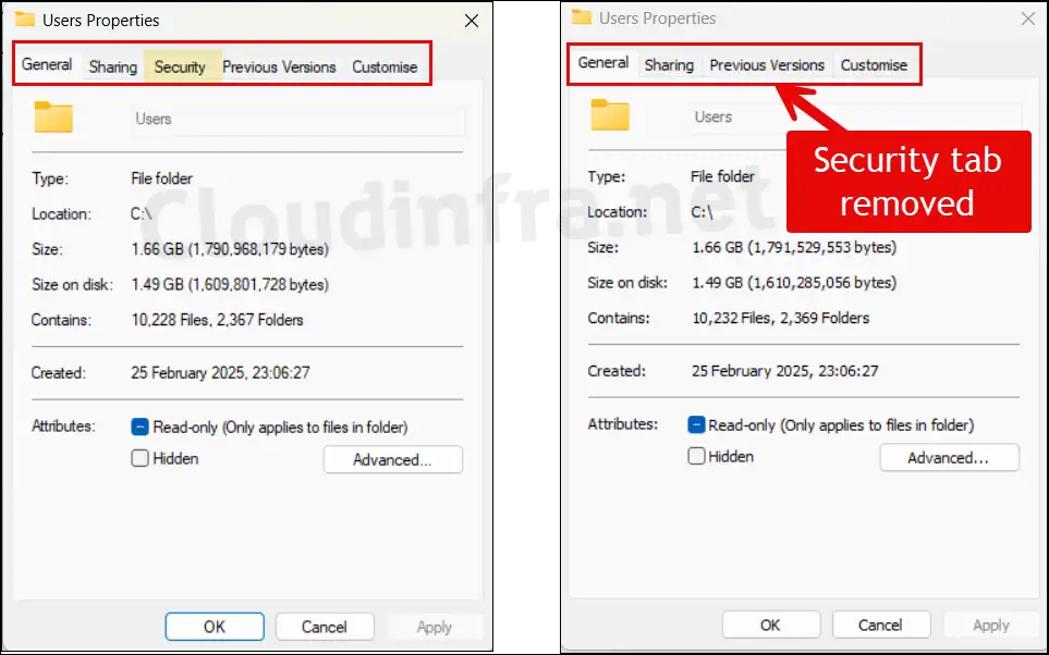 End User experience of removing or hiding Security tab on a Windows computer using intune