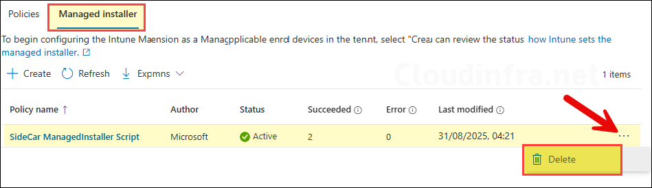 Delete Manage Installer Policy on Intune