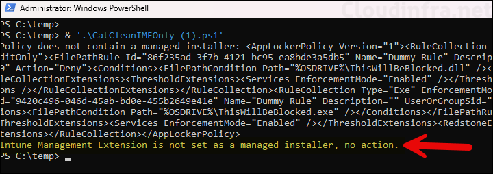 Intune management extension is not set as a managed installer, no action