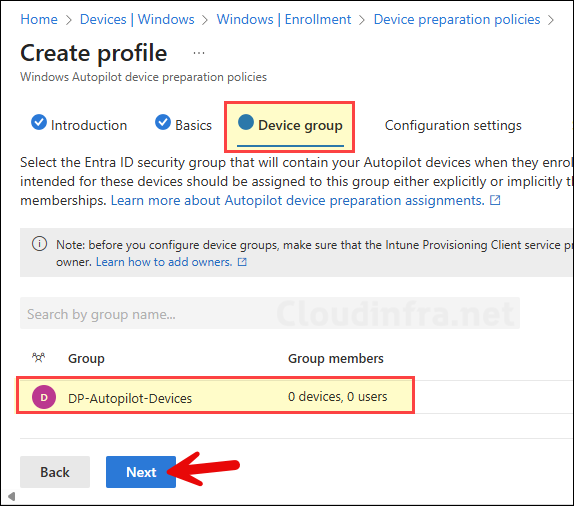 Add the device group for Autopilot device preparation setup