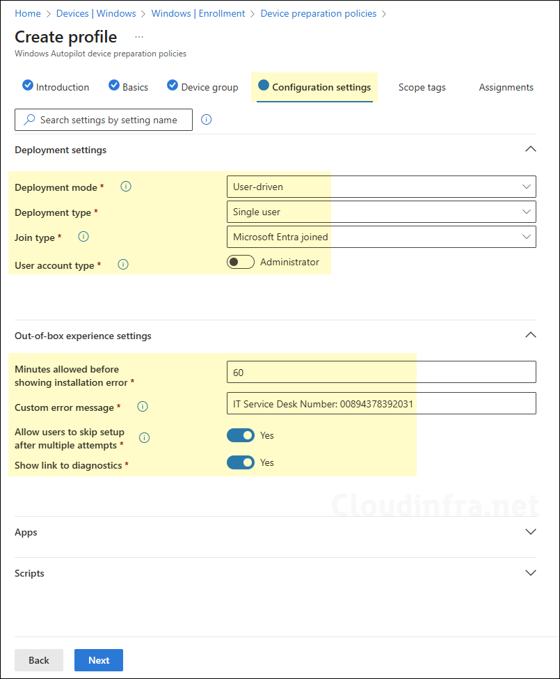 Autopilot device preparation configuration settings