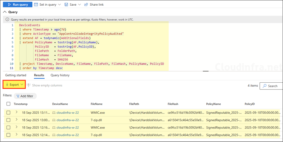 Advanced Hunting AppControlCodeIntegrityPolicyAudited Events (Event ID 3076)