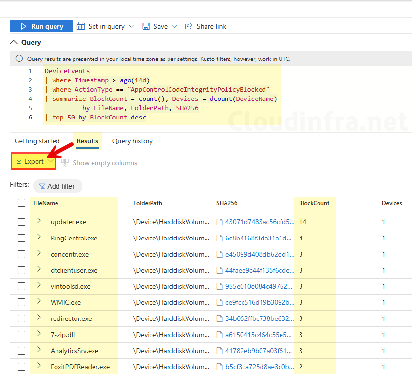 Top blocked app control executables advanced hunting query
