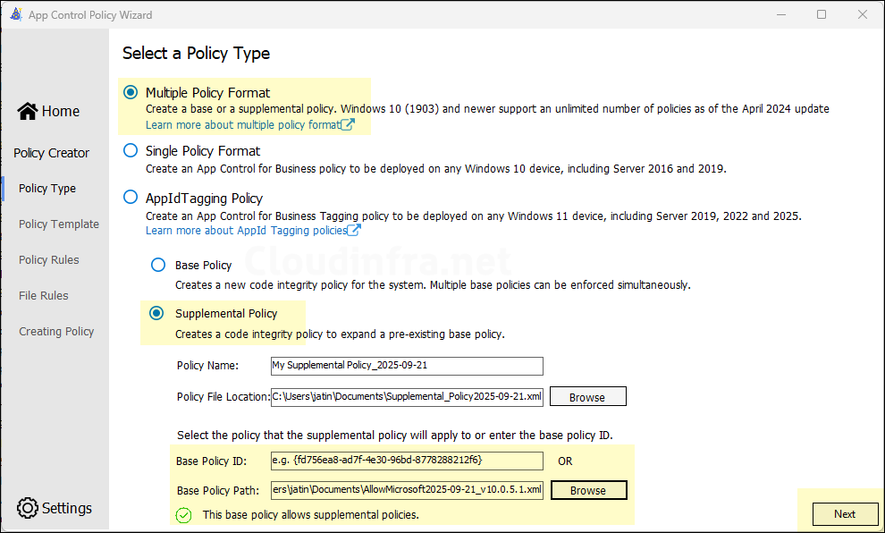 Select Supplemental Policy radio button