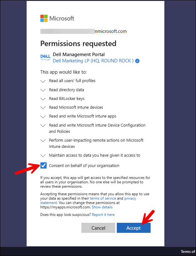 Accept Permissions for Dell management portal integration