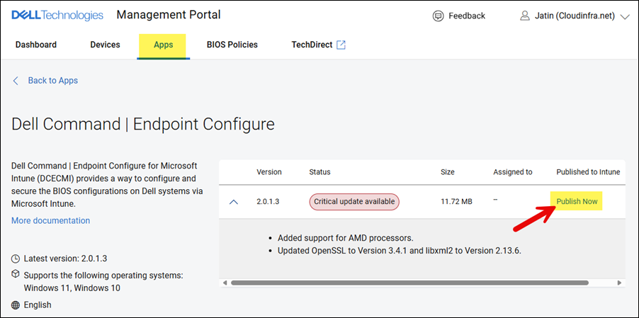 Click on Publish now to publish the app to Intune